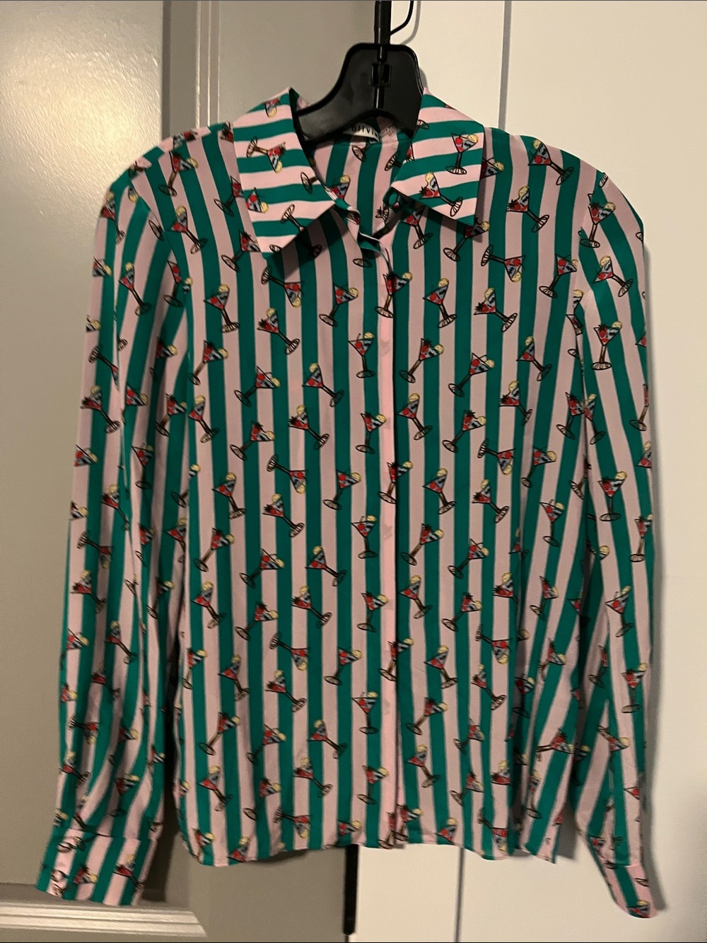 Alice + Olivia Green and White Striped Button-Down with Cocktail Print